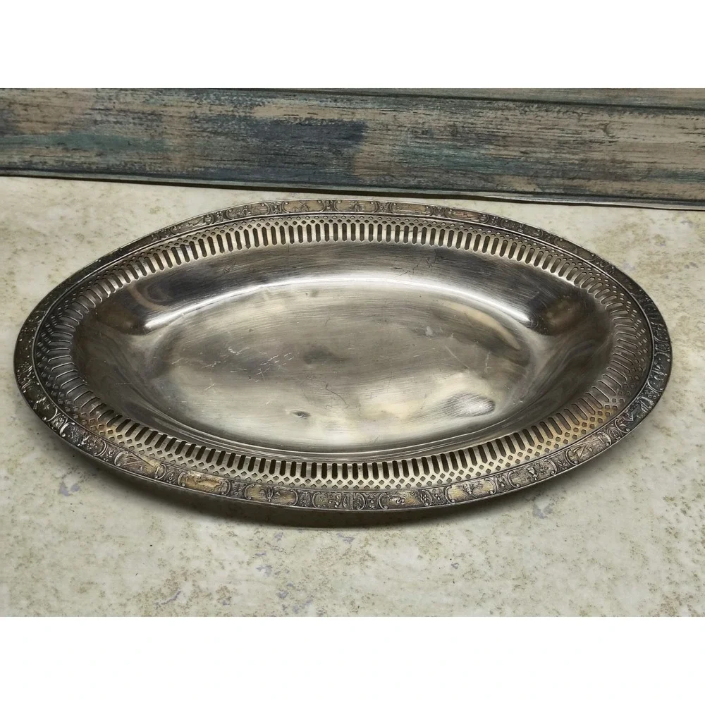 Vintage Dowd-Rogers small silver‎ plate pierced edge oval trinket small platter